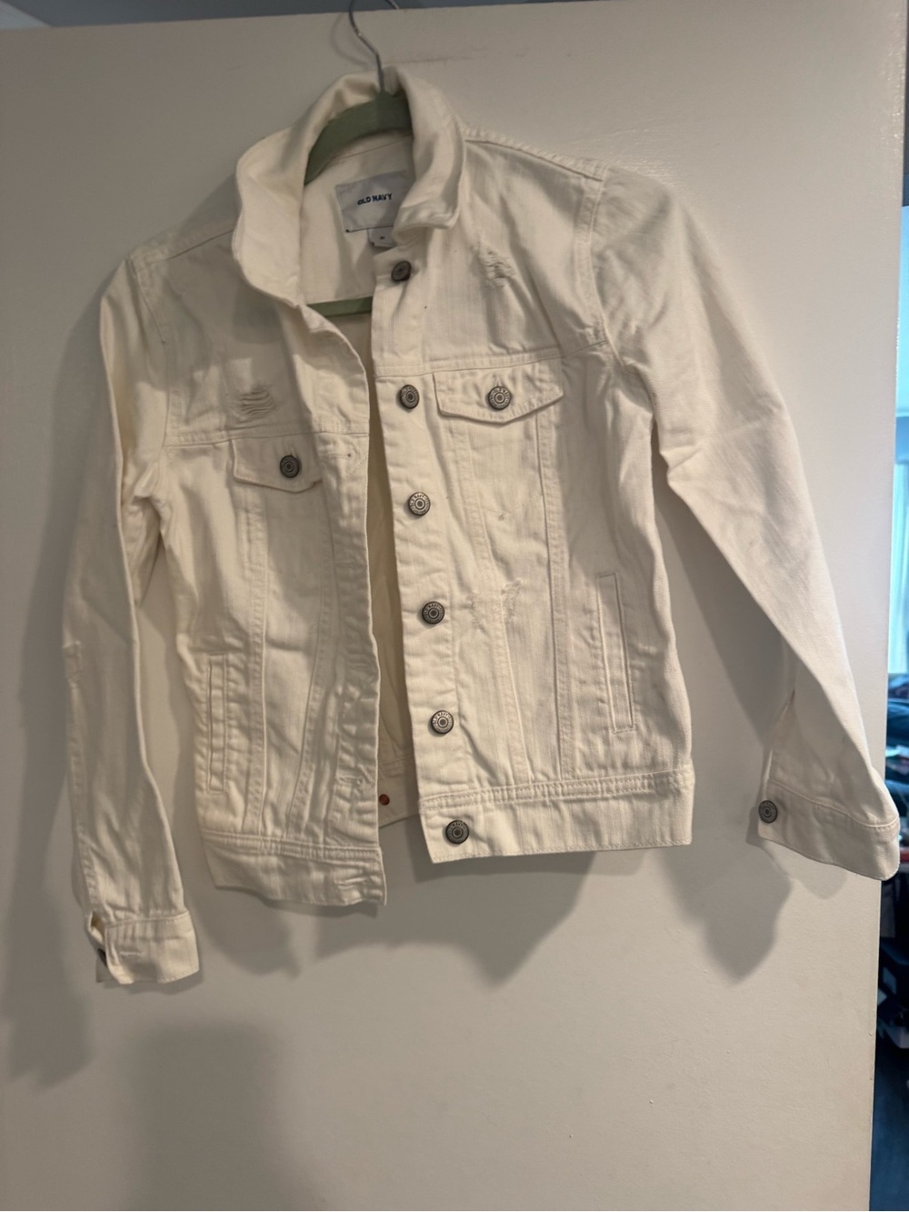 Old Navy White Denim Jacket XS Distressed Raw Hem Vintage Y2K Casual